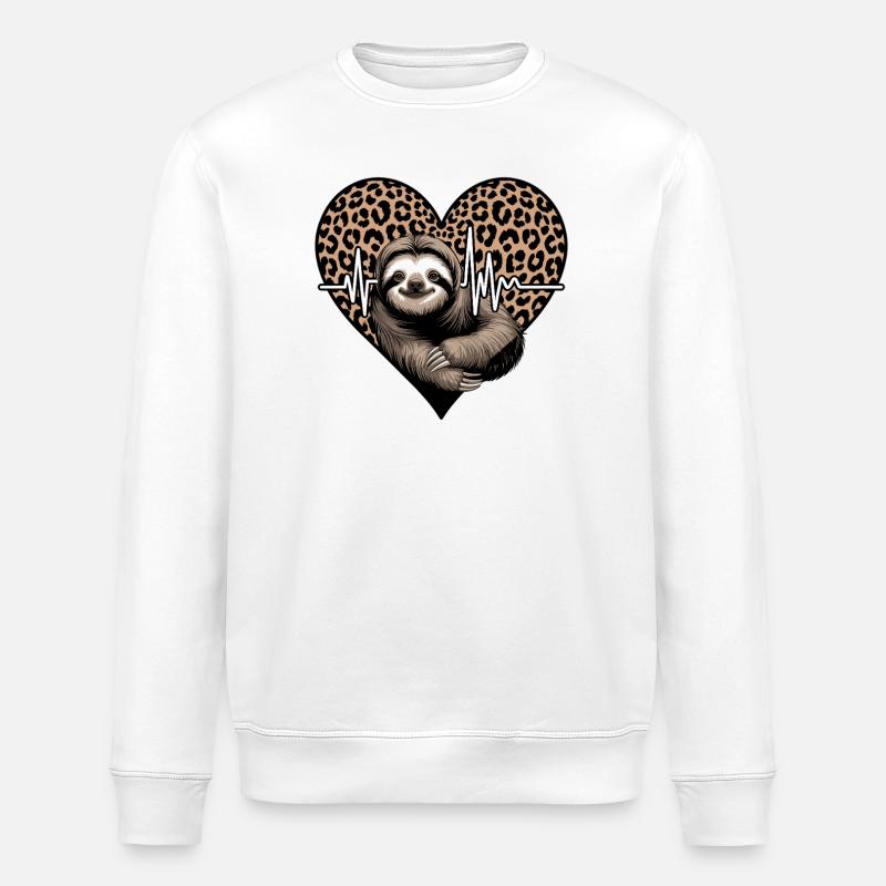 Casual Sloth Heart Leopard Pattern - Stanley/Stella ROLLER Unisex Organic Sweatshirt - white