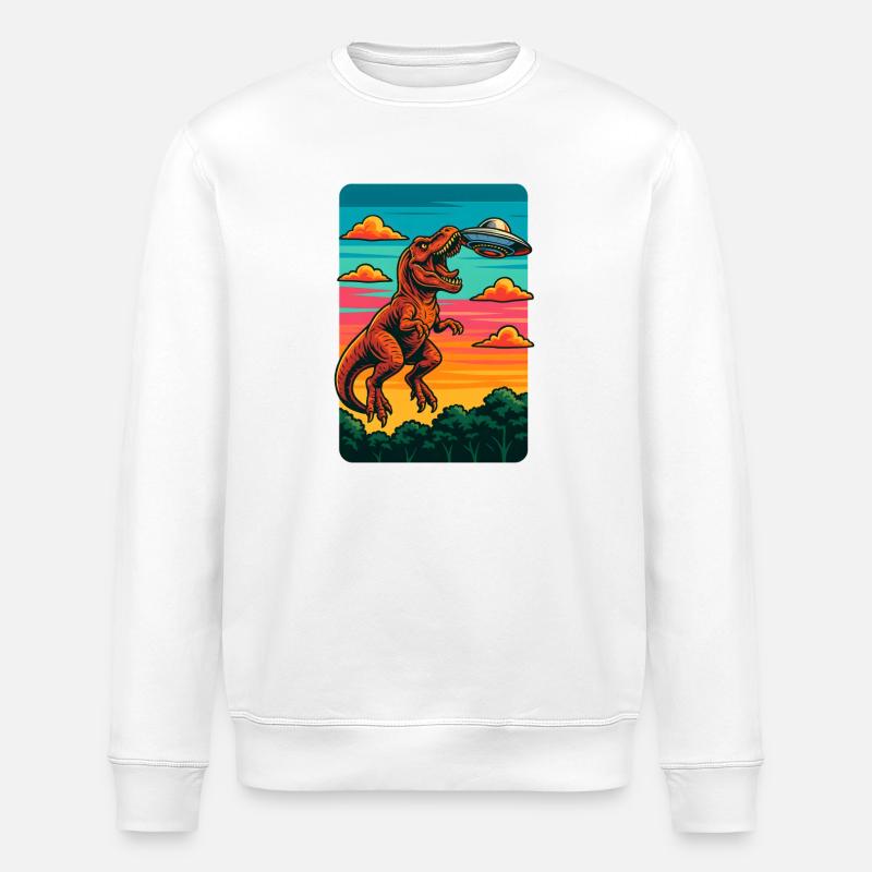 T rex Dino UFO Sunset - Stanley/Stella ROLLER Unisex Organic Sweatshirt - white
