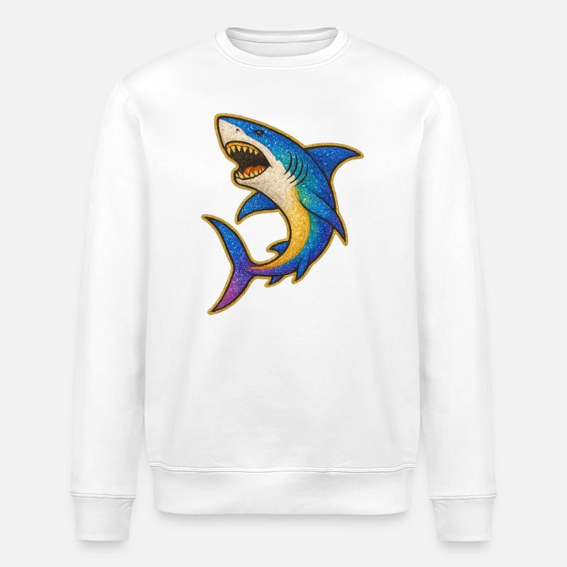 Shark | Rainbow Shark Patch Art - Stanley/Stella ROLLER Unisex Organic Sweatshirt - white