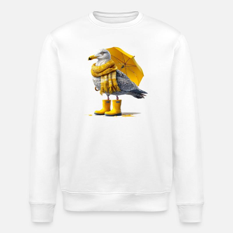 Seagull with yellow umbrella and boots - Stanley/Stella ROLLER Unisex Organic Sweatshirt - white