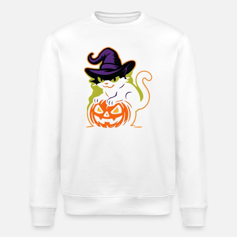 Zaubererkatze und leuchtender Kürbis - Stanley/Stella Unisex Bio-Sweatshirt ROLLER - Weiß