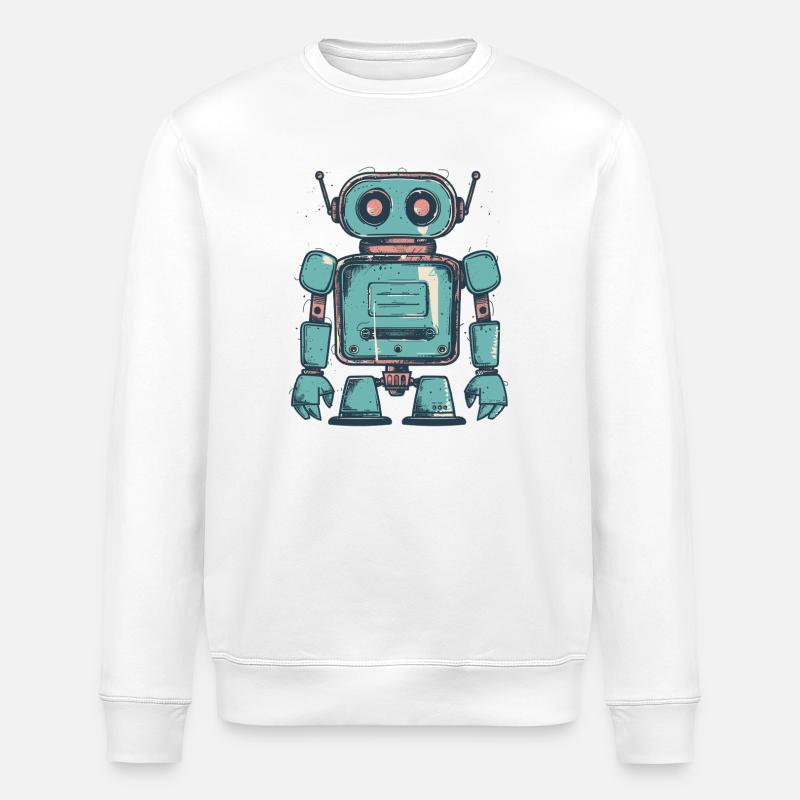 Retro Teal Roboter Zeichnung - Stanley/Stella Unisex Bio-Sweatshirt ROLLER - Weiß