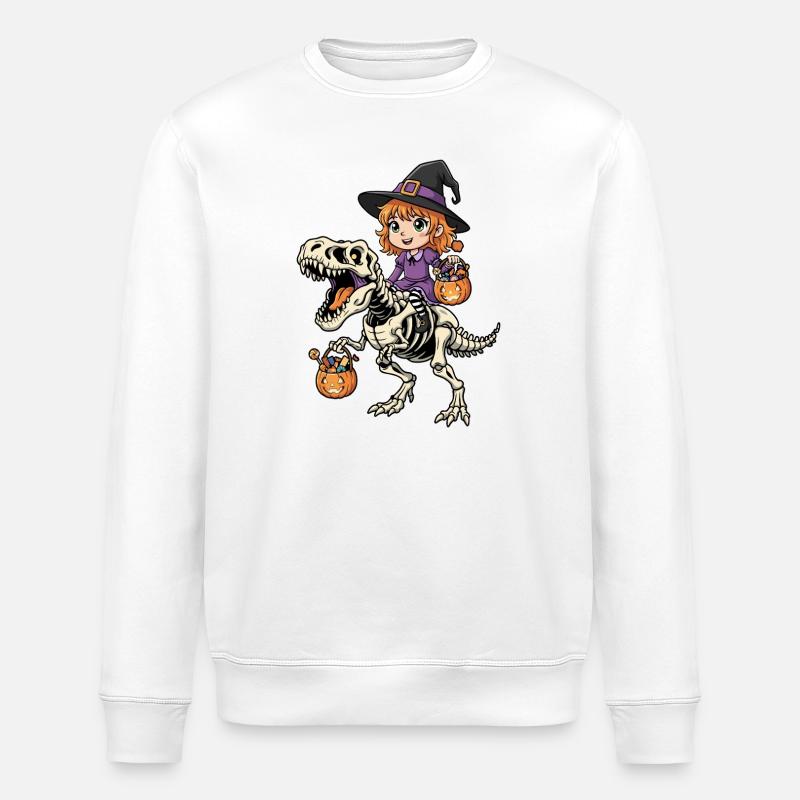 Witch Rides Skeleton T-Rex Halloween Dinosaur - Stanley/Stella ROLLER Unisex Organic Sweatshirt - white