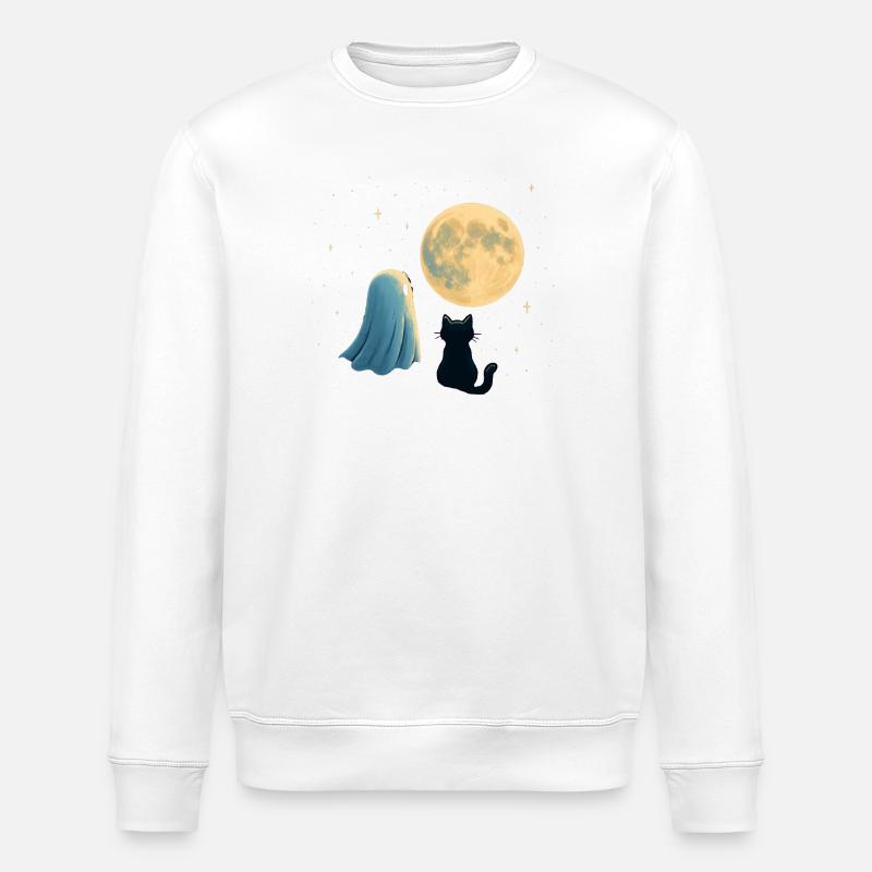 Mondnacht: Geist und Katze - Stanley/Stella Unisex Bio-Sweatshirt ROLLER - Weiß
