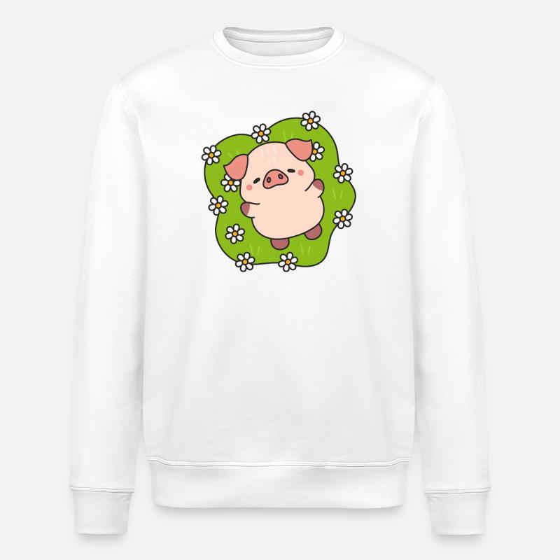 Cochon fleuri joyeux en prairie - Sweat bio ROLLER Stanley/Stella Unisexe - blanc