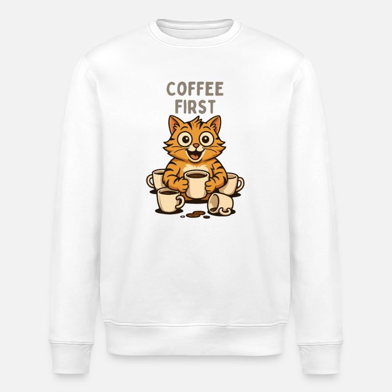Kaffee First Katzen Kater Spaß Espresso  - Stanley/Stella Unisex Bio-Sweatshirt ROLLER - Weiß