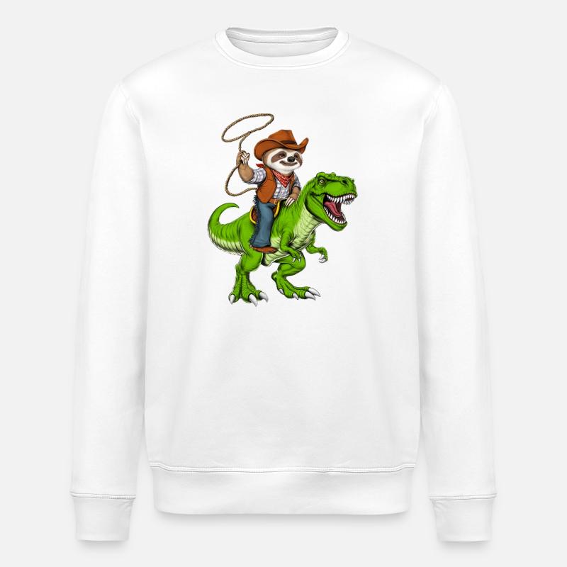 Faultier Cowboy Reitt T-Rex Dinosaurier - Stanley/Stella Unisex Bio-Sweatshirt ROLLER - Weiß