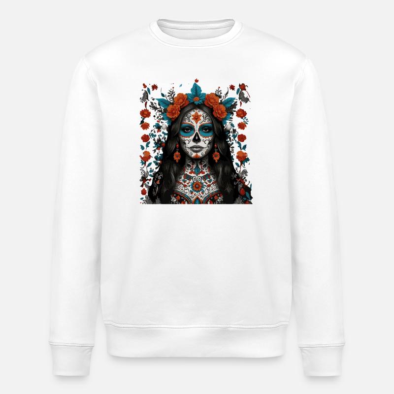 Sugar Skull Blumenkönigin - Stanley/Stella Unisex Bio-Sweatshirt ROLLER - Weiß