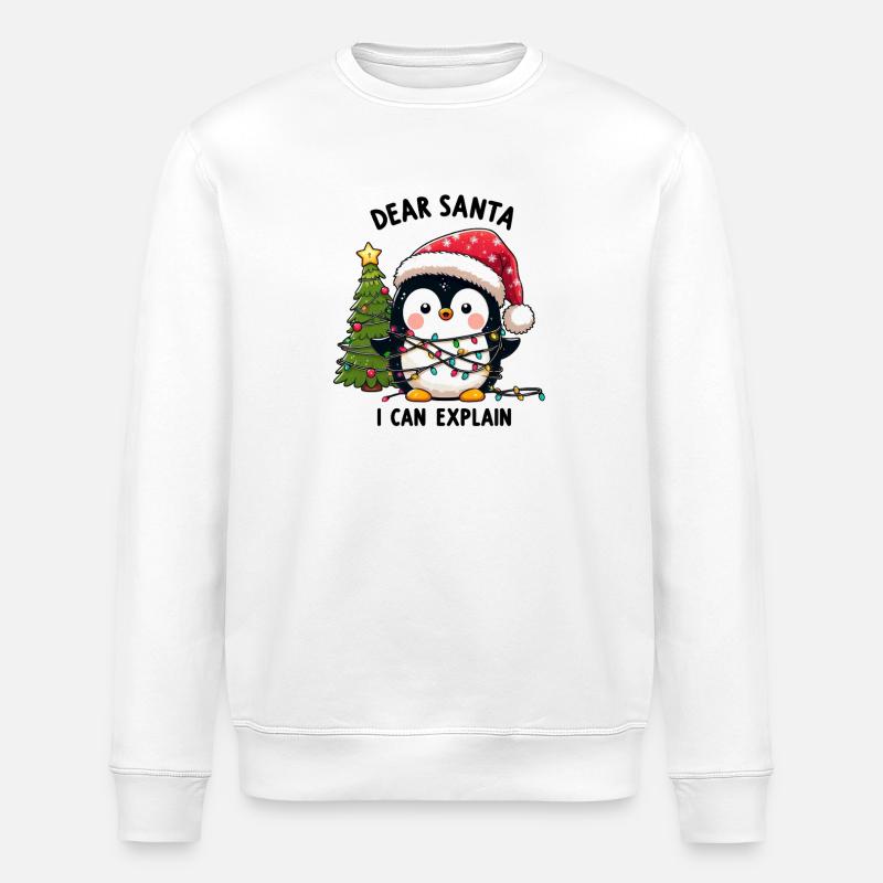 Clumsy penguin tangles Christmas tree - Stanley/Stella ROLLER Unisex Organic Sweatshirt - white