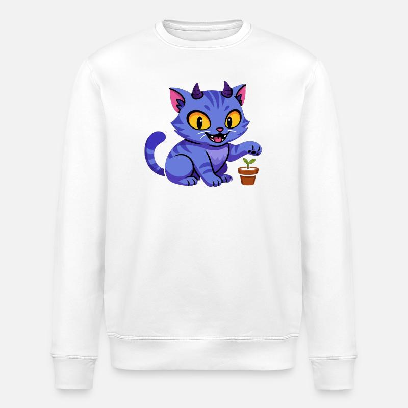 Blauer Katzenkobold mit Pflanze - Stanley/Stella Unisex Bio-Sweatshirt ROLLER - Weiß