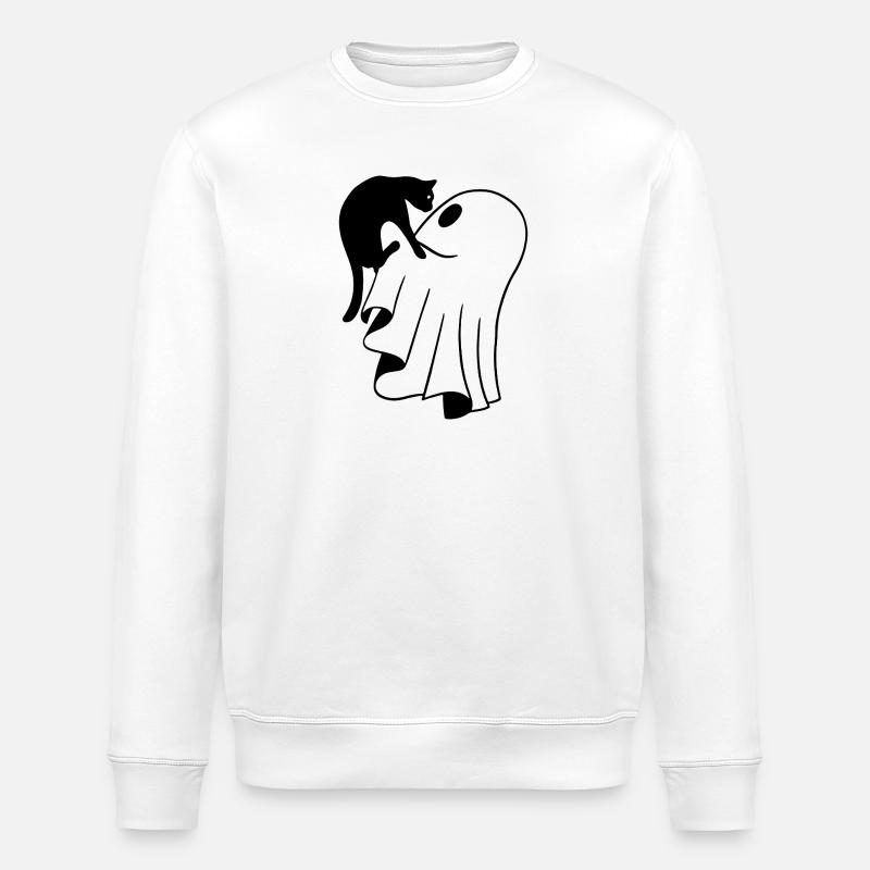 Ghost with Cat Sketch – Child-Friendly Halloween - Stanley/Stella ROLLER Unisex Organic Sweatshirt - white