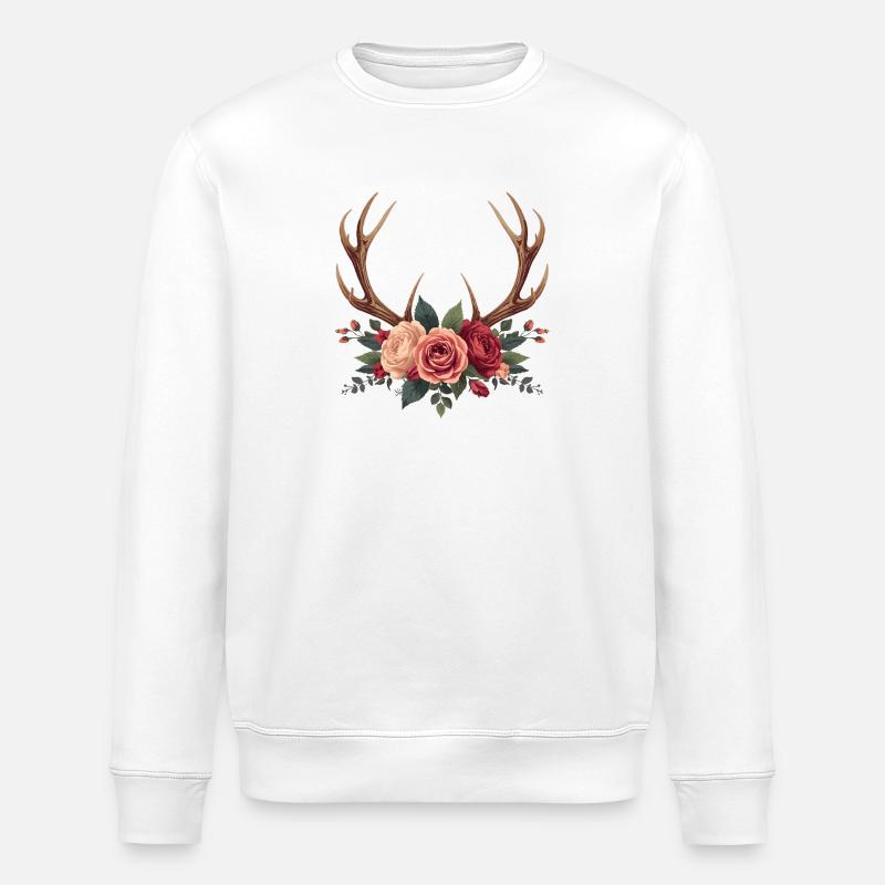 Deer Antlers & Roses - Boho Nature Design - Stanley/Stella ROLLER Unisex Organic Sweatshirt - white
