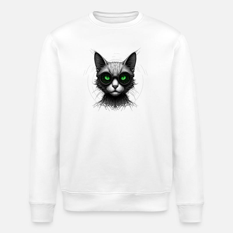 Green Eyes Computer Coder Geek Cat - Stanley/Stella ROLLER Unisex Organic Sweatshirt - white
