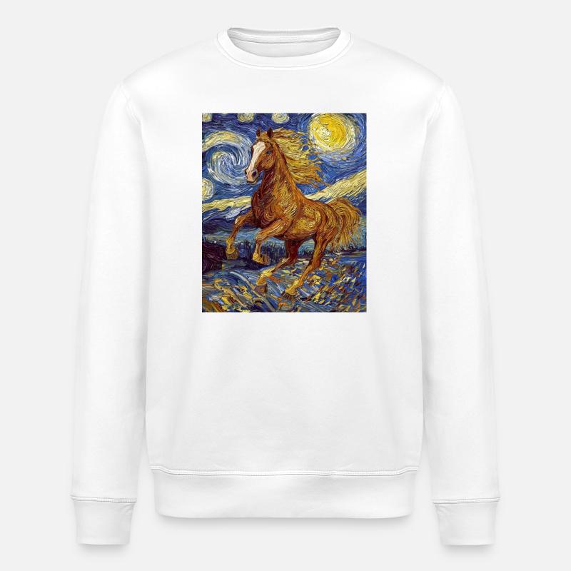 Cheval Chevaux Cavalier Style Van Gogh Nuit étoilée - Sweat bio ROLLER Stanley/Stella Unisexe - blanc