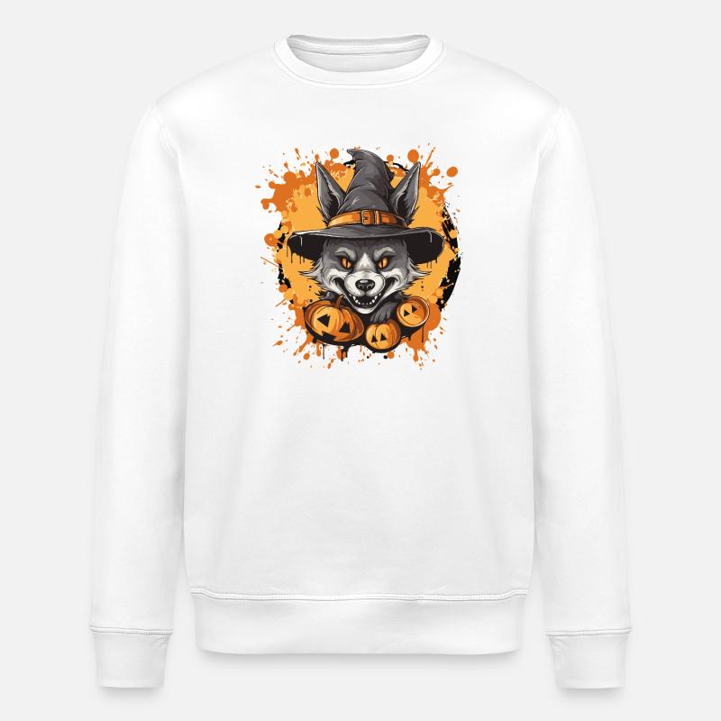 Halloween Wolf with Witch Hat - Stanley/Stella ROLLER Unisex Organic Sweatshirt - white