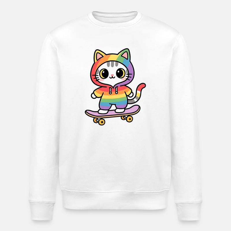 Rainbow cat on skateboard - Stanley/Stella ROLLER Unisex Organic Sweatshirt - white