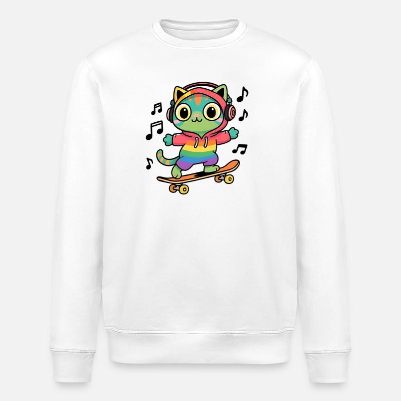 Rainbow cat on skateboard - Stanley/Stella ROLLER Unisex Organic Sweatshirt - white