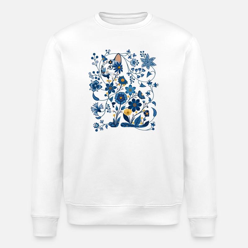 Azurblaue florale Katzensilhouette - Stanley/Stella Unisex Bio-Sweatshirt ROLLER - Weiß
