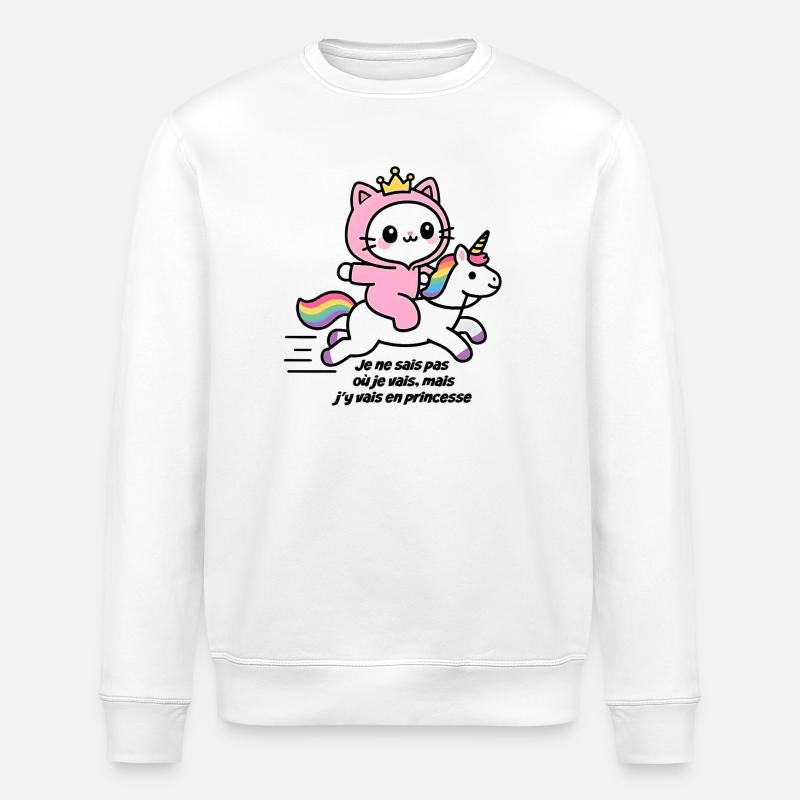 Rosa Katze auf Regenbogen-Einhorn - Stanley/Stella Unisex Bio-Sweatshirt ROLLER - Weiß