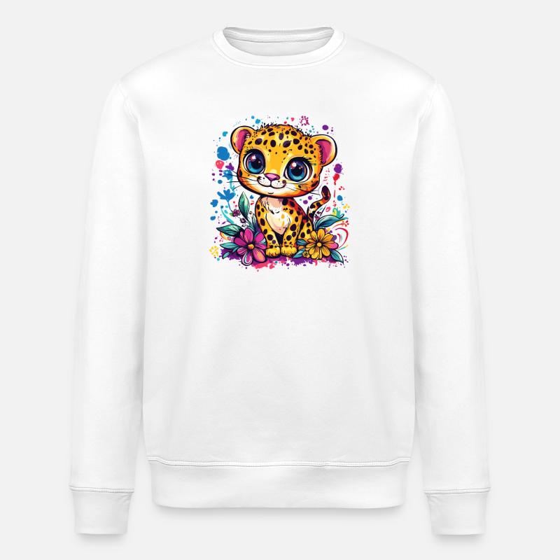 Bunter Leopardenjunge mit Blumen - Stanley/Stella Unisex Bio-Sweatshirt ROLLER - Weiß