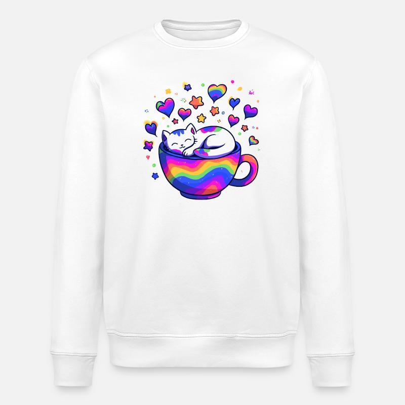 Rainbow Cat in Mug - Stanley/Stella ROLLER Unisex Organic Sweatshirt - white