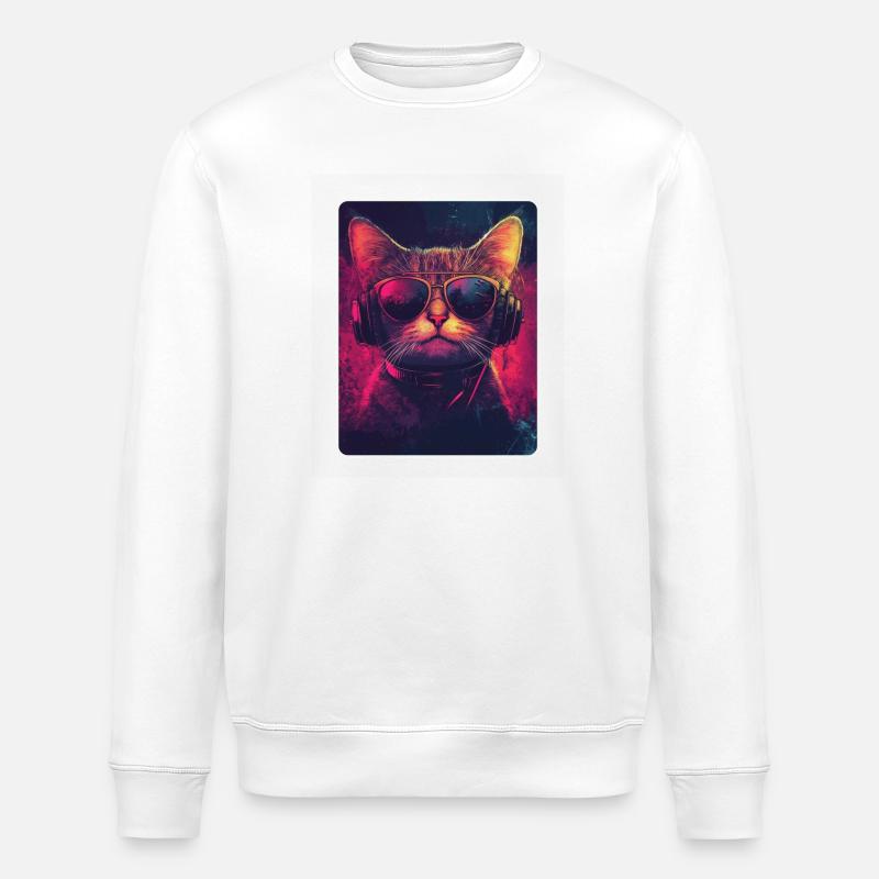 Cool DJ cat with sunglasses - Stanley/Stella ROLLER Unisex Organic Sweatshirt - white