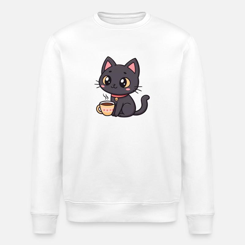 Warme schwarze Katze mit Tee - Stanley/Stella Unisex Bio-Sweatshirt ROLLER - Weiß