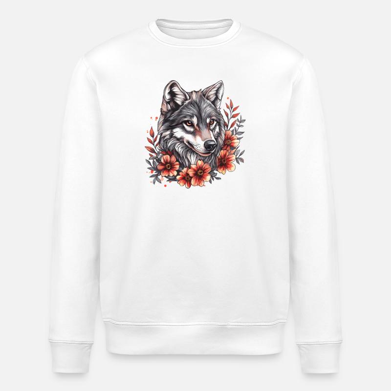 Wolf head with flower ring - Stanley/Stella ROLLER Unisex Organic Sweatshirt - white