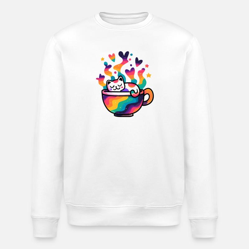 Rainbow Cat in Mug - Stanley/Stella ROLLER Unisex Organic Sweatshirt - white