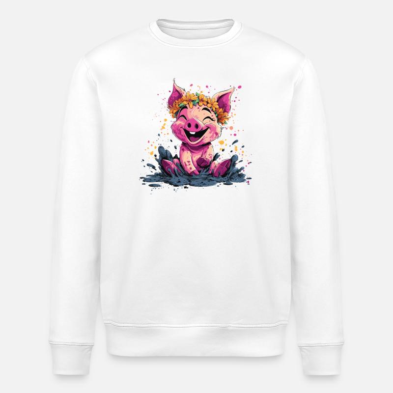 Cochon joyeux avec couronne florale - Sweat bio ROLLER Stanley/Stella Unisexe - blanc