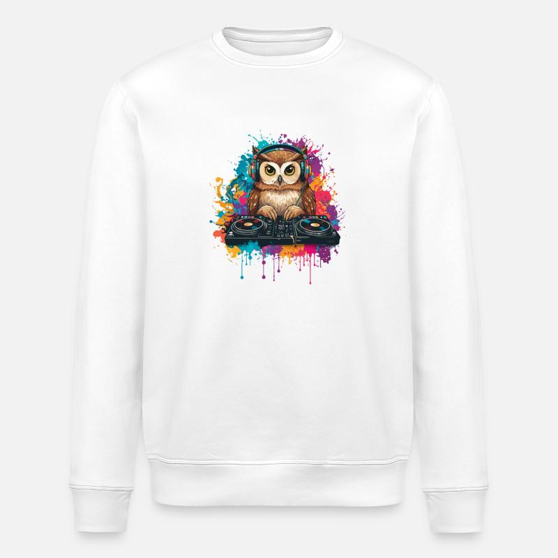 Eule am DJ Mischpult - Stanley/Stella Unisex Bio-Sweatshirt ROLLER - Weiß