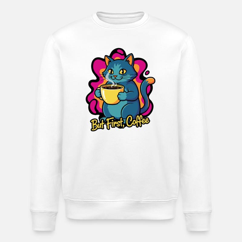 Coffee Cat – Mais d’abord Coffee - Sweat bio ROLLER Stanley/Stella Unisexe - blanc