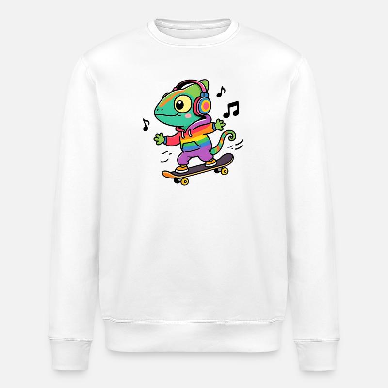 Rainbow Chameleon on Skate - Stanley/Stella ROLLER Unisex Organic Sweatshirt - white