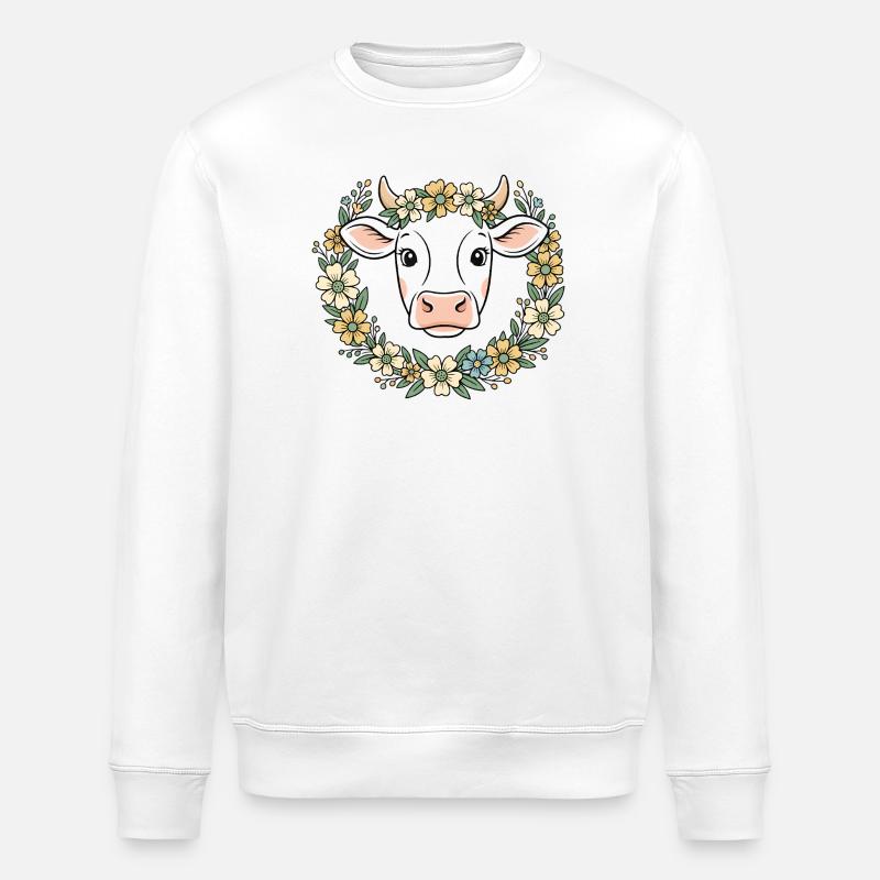 Kuh Blumenkranz Boho Frühling Vektor - Stanley/Stella Unisex Bio-Sweatshirt ROLLER - Weiß