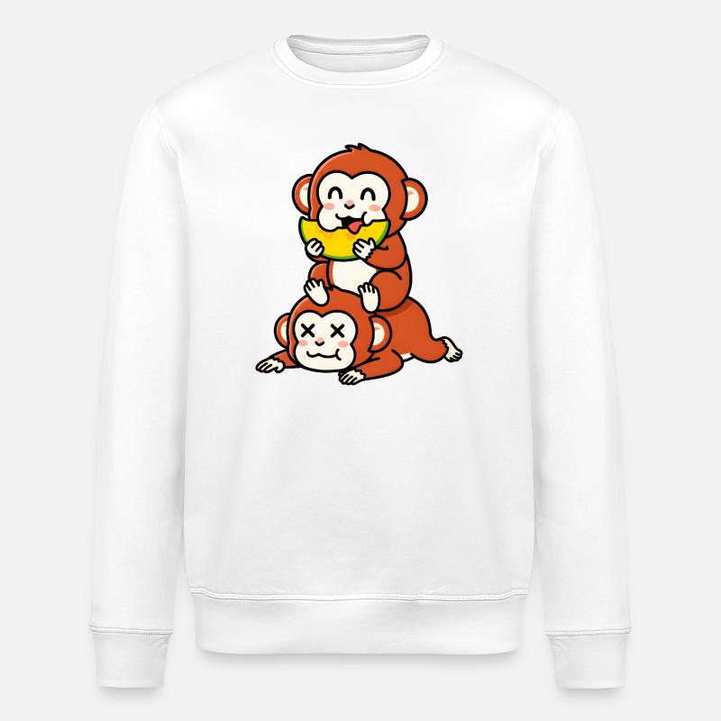 Frecher Affe isst Wassermelone auf Freund - Stanley/Stella Unisex Bio-Sweatshirt ROLLER - Weiß