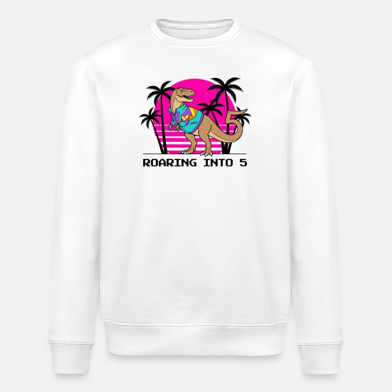 Roaring Into 5 Retro Dino - Stanley/Stella ROLLER Unisex Organic Sweatshirt - white