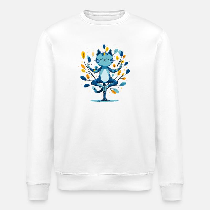 Blauer Meditationskater im Baum - Stanley/Stella Unisex Bio-Sweatshirt ROLLER - Weiß
