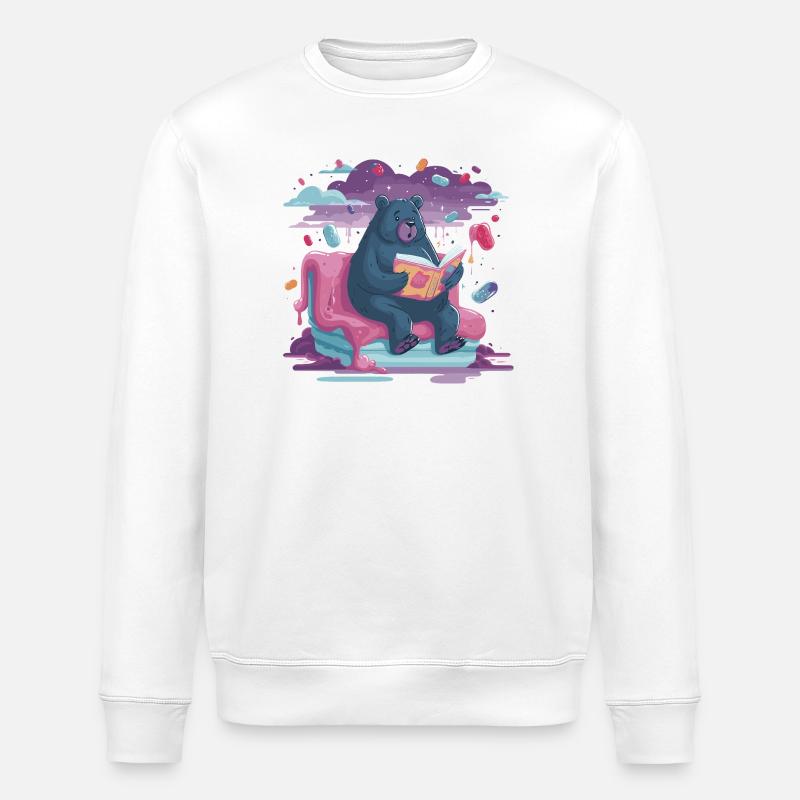 Lesender Bär im Candy-Traum - Stanley/Stella Unisex Bio-Sweatshirt ROLLER - Weiß