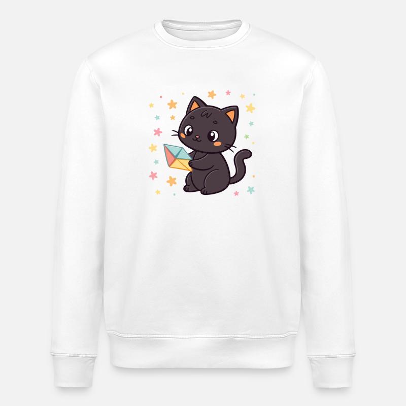 Black Cat and Origami Envelope - Stanley/Stella ROLLER Unisex Organic Sweatshirt - white