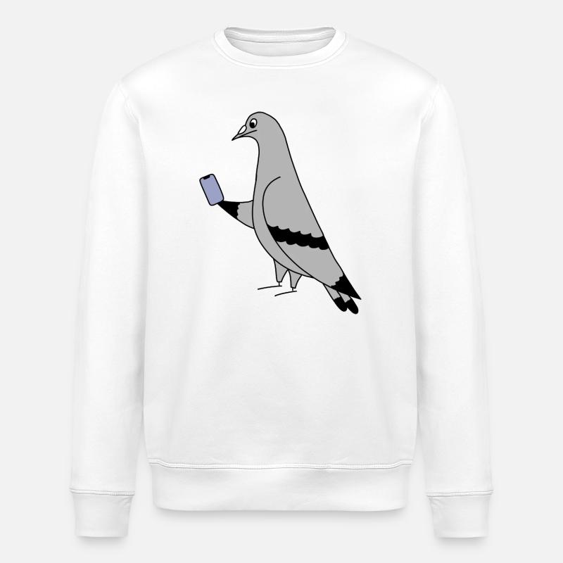 Pigeon Checking Phone – Minimal Illustration - Stanley/Stella Unisex Bio-Sweatshirt ROLLER - Weiß