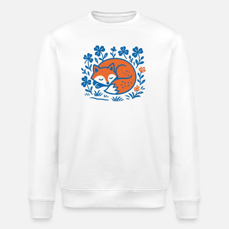 Schlafender Fuchs im Blumen-Nachtgarten - Stanley/Stella Unisex Bio-Sweatshirt ROLLER - Weiß