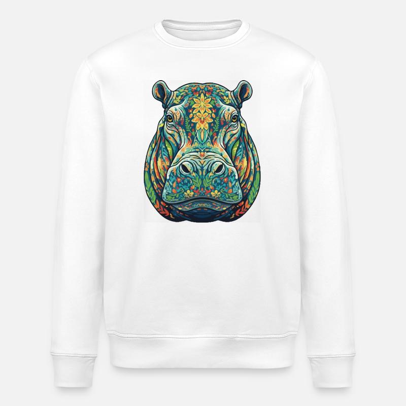Buntes Nilpferd mit Blumen - Stanley/Stella Unisex Bio-Sweatshirt ROLLER - Weiß