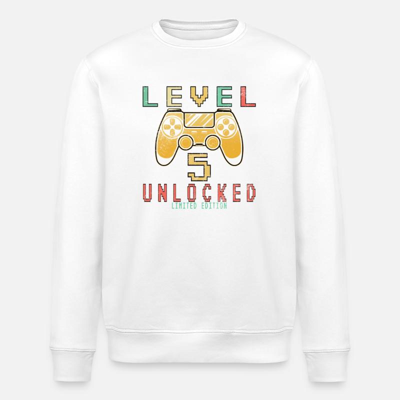 5th birthday. 5 Next Level Unlocked - Stanley/Stella ROLLER Unisex Organic Sweatshirt - white