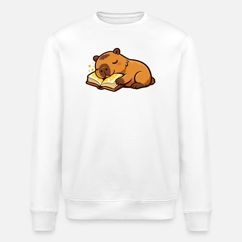 Sleeping Capybara on Book Reading Motif - Stanley/Stella ROLLER Unisex Organic Sweatshirt - white