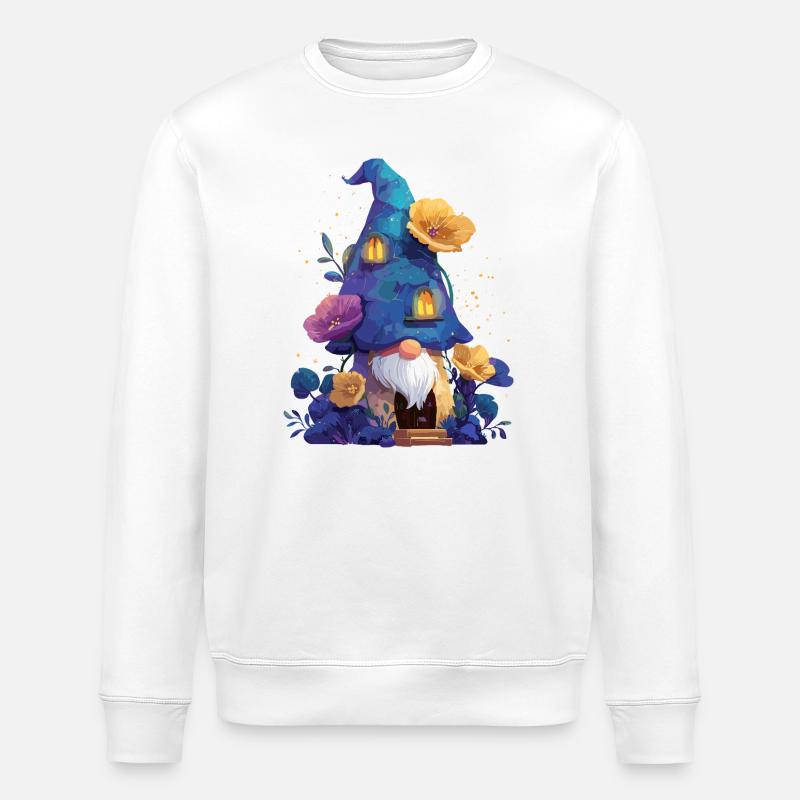 Blauer Gnom im Blütenhaus - Stanley/Stella Unisex Bio-Sweatshirt ROLLER - Weiß