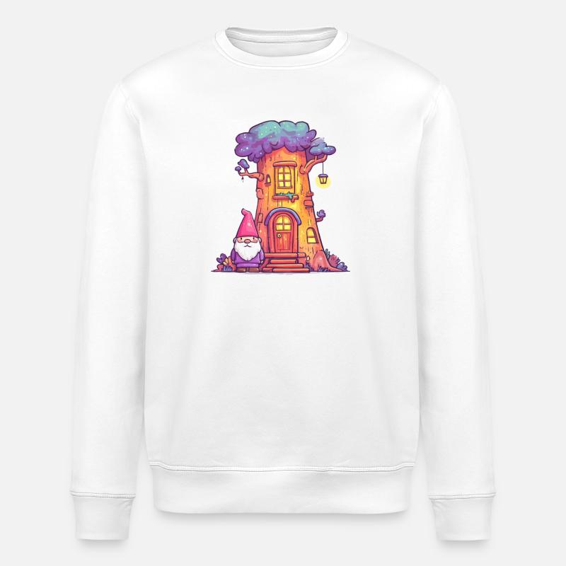 Funny Treehouse Gnome with Lantern - Stanley/Stella ROLLER Unisex Organic Sweatshirt - white