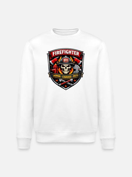 Firefighter Badge Skull Flames - Stanley/Stella ROLLER Unisex Organic Sweatshirt - white