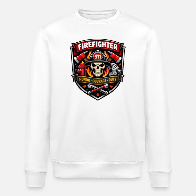 Firefighter Badge Skull Flames - Stanley/Stella ROLLER Unisex Organic Sweatshirt - white