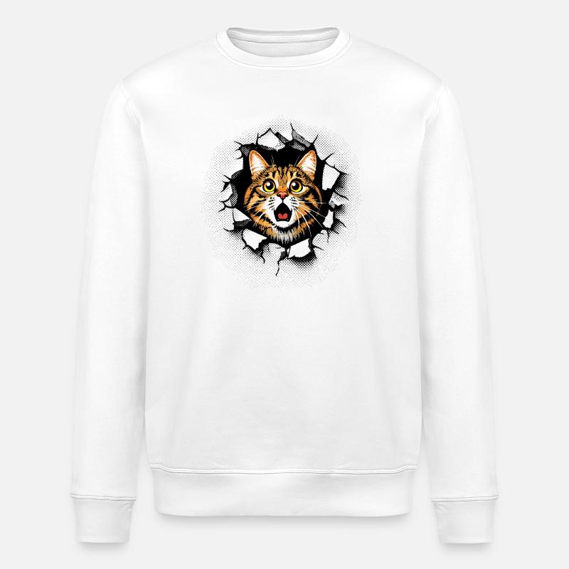 Cat Head Wall Hole Cracks Breakthrough - Stanley/Stella ROLLER Unisex Organic Sweatshirt - white