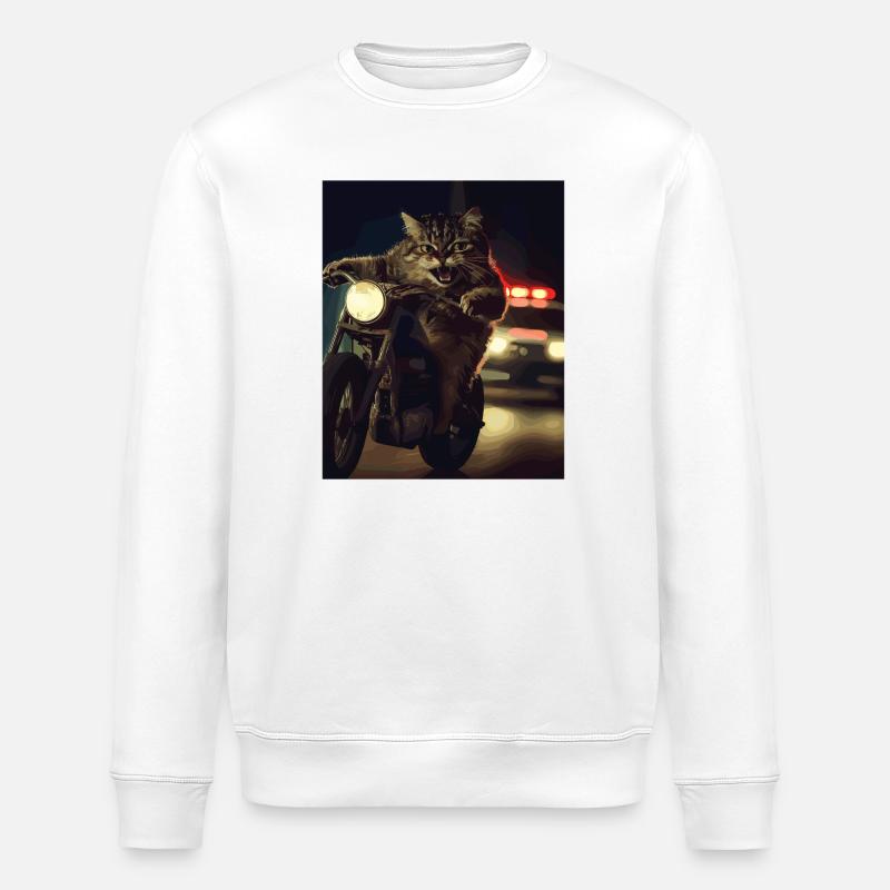Cat on motorcycle at night - Stanley/Stella ROLLER Unisex Organic Sweatshirt - white
